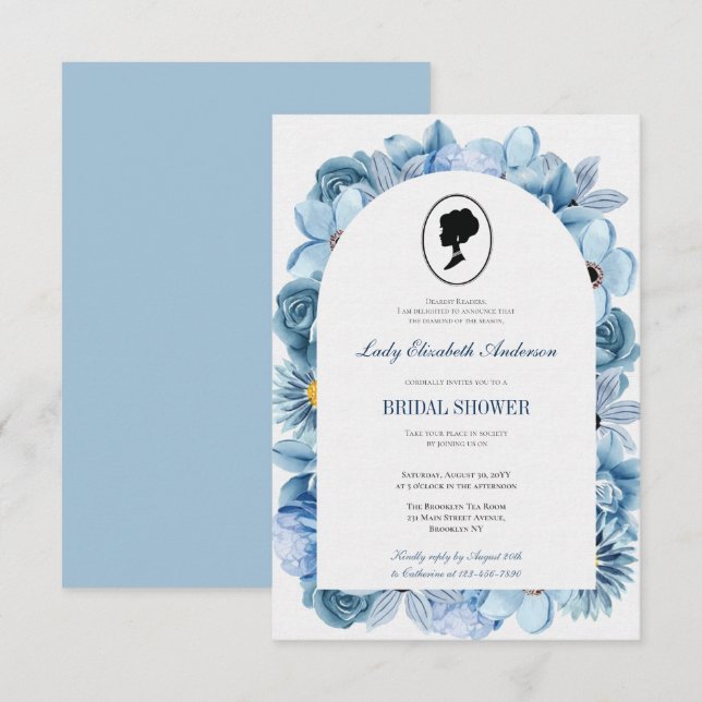 Convites Tema del puente floral azul, regencia del té nupci (Frente/Verso)