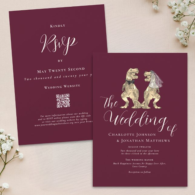 Convites Tema Dinossauro Casamento Borgonha Creme QR (Dinosaur theme wedding Burgundy and ivory Cream QR Code invitation elegant modern script T-Rex Dino)