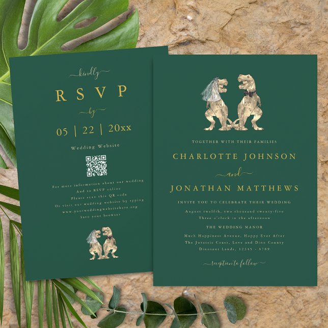 Convites Tema Dinossauro Casamento Dourado Código QR Verde (Dinosaur theme wedding dark green gold beige qr code invitation T-Rex bride & groom Modern elegant)