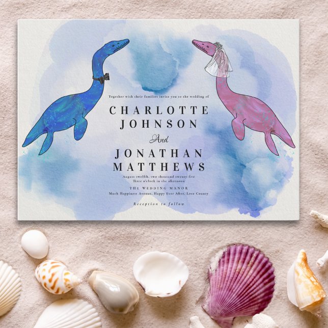 Convites Tema Dinossauro Casamento Mar de Cores Aquáticas C (Watercolor sea fun dinosaur theme wedding invitation in blue purple and pink)