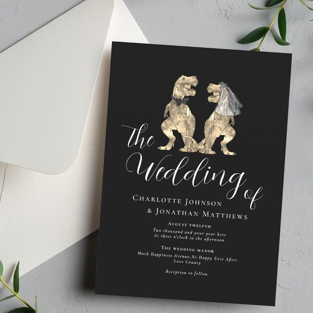 Convites Tema Dinossauro Casamento Preto e Branco (Black and white dinosaur theme wedding invitation elegant modern script T-Rex dinos bride & groom)