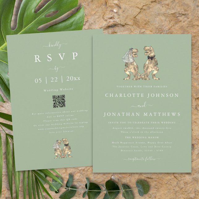 Convites Tema Dinossauro Casamento Sage Código Verde QR (Dinosaur theme wedding qr code sage green invitation fun T-Rex dino bride and groom modern elegant )