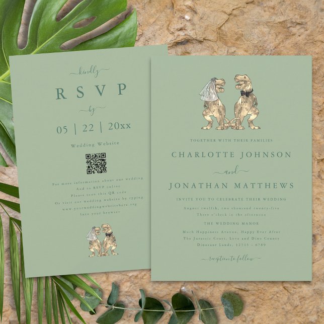 Convites Tema Dinossauro Casamento Sage Verde Código Qr (Dinosaur theme wedding qr code sage green invitation T-Rex dino bride & groom modern elegant script)