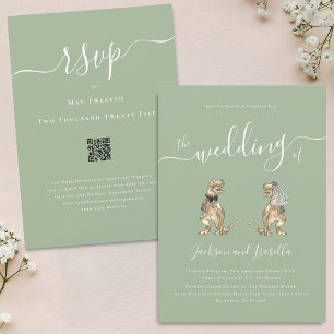 Convites Tema Dinossauro Casamento Sage Verde Código QR Bra