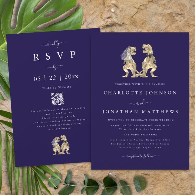 Convites Tema Dinossauro Marinho Casamento Código QR Azul (Dinosaur theme wedding qr code navy blue white invitation  T-Rex dino bride & groom modern elegant )