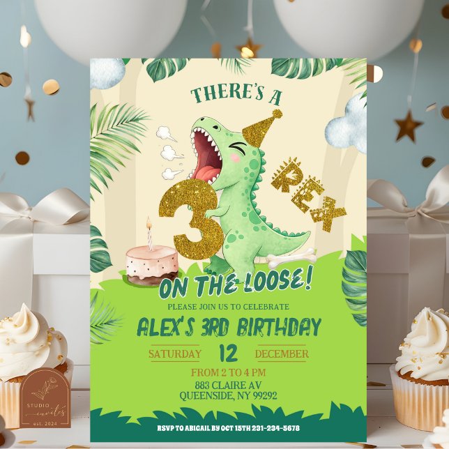 Convites Tema Dinossauro Menino Verde 3-Rex Terceiro Aniver (Criador carregado)