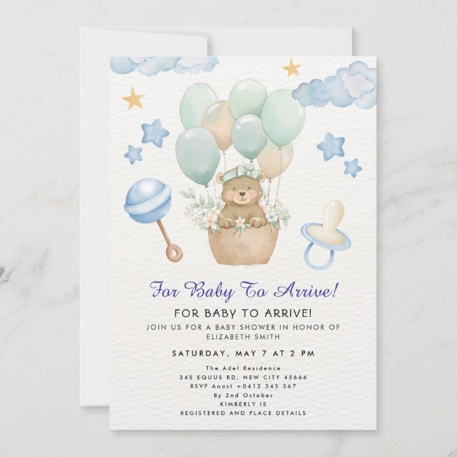 Convites Tema do Balão de Urso Teddy Fofo (Frente)