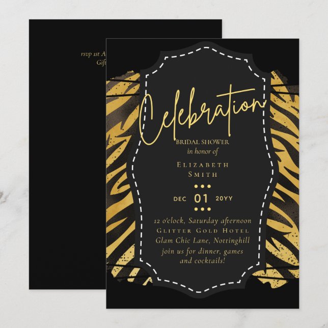 Convites Tema do Chá de panela Dourado Preto Glitz (Frente/Verso)