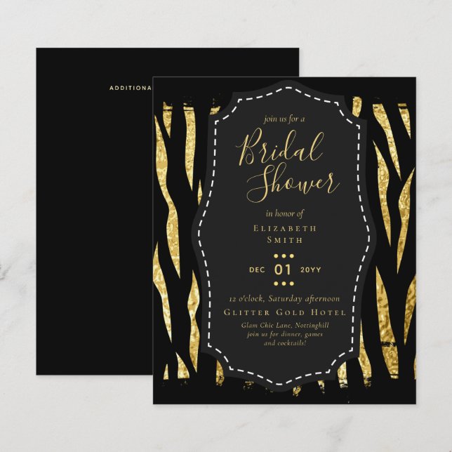 Convites Tema do Chá de panela Dourado Preto Glitz (Frente/Verso)