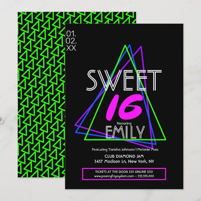 Convites Tema do Clube de Flyer Sweet 16 Neon Geométrico (Frente/Verso)