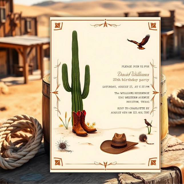 Convites Tema do Deserto do País - Aniversário do Cowboy Oc (Country Desert Theme Western Cowboy Birthday Invitation)