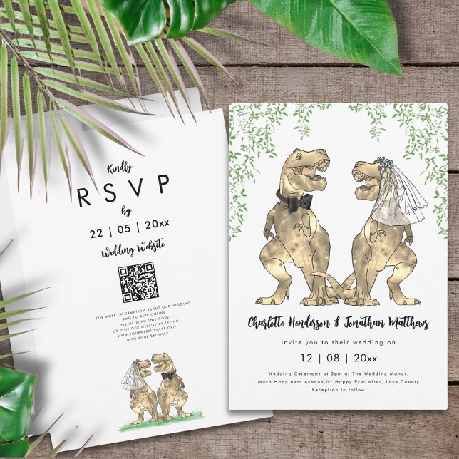 Convites Tema do dinossauro Código QR de Casamento (Dinosaur themed wedding QR code invitation with funny T-Rex bride and groom and jungle foliage)