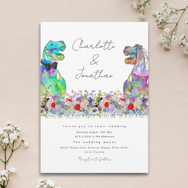 Convites Tema do Dinossauro Divertido Flor Selvagem Colorid (Fun dinosaur theme wedding invitation with colorful watercolor wildflowers)