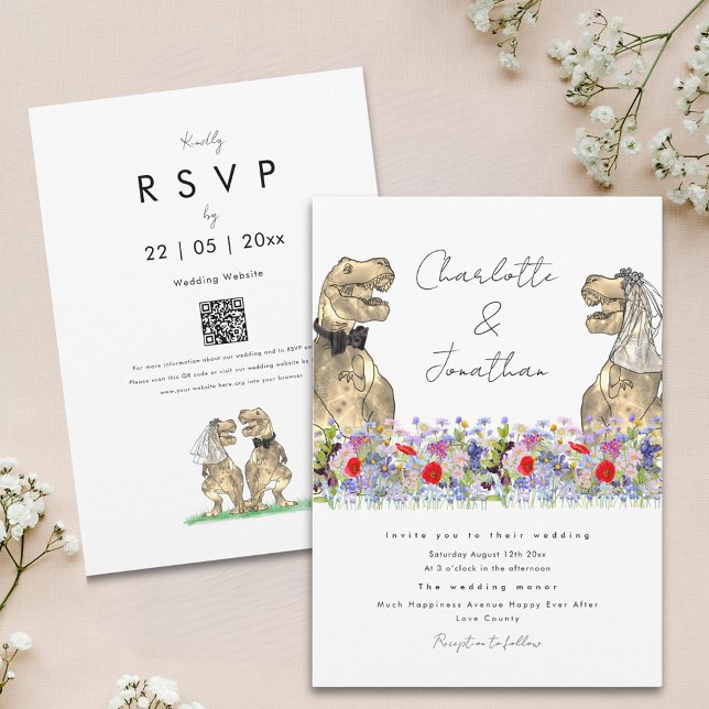 Convites Tema do Dinossauro Flor Selvagem (Boho wildflower dinosaur wedding invitation with whimsical script and qr code)