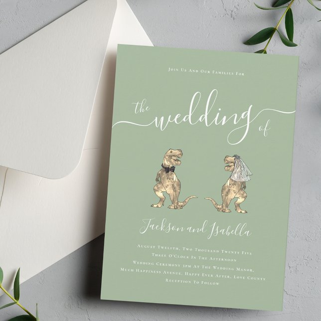 Convites Tema do Dinossauro Sage Green (Sage green Dinosaur theme wedding invitation Elegant modern script calligraphy T-Rex bride and groom)