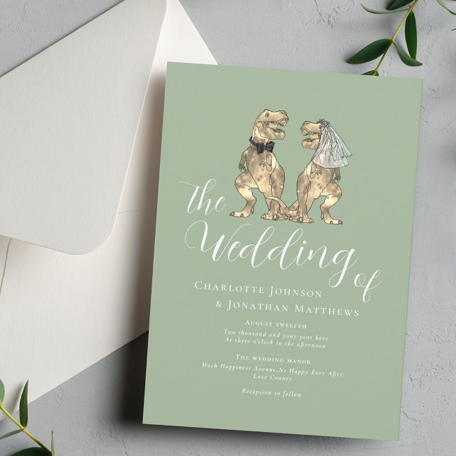 Convites Tema do Dinossauro Sage Green (Dinosaur theme wedding sage green elegant script T-Rex dino bride and groom fun destination wedding)