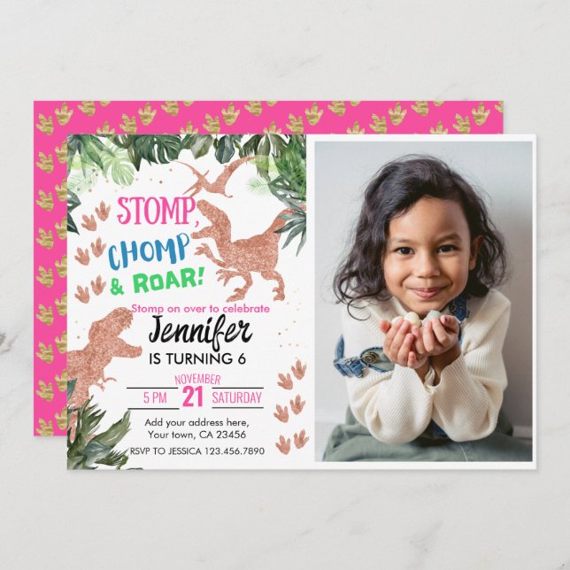 Convites Tema do Dinossauro T-Rex (Frente/Verso)