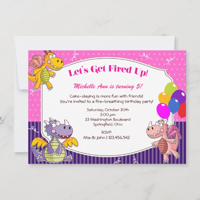 Convites Tema do Dragão para o Aniversário da Menina (Frente)