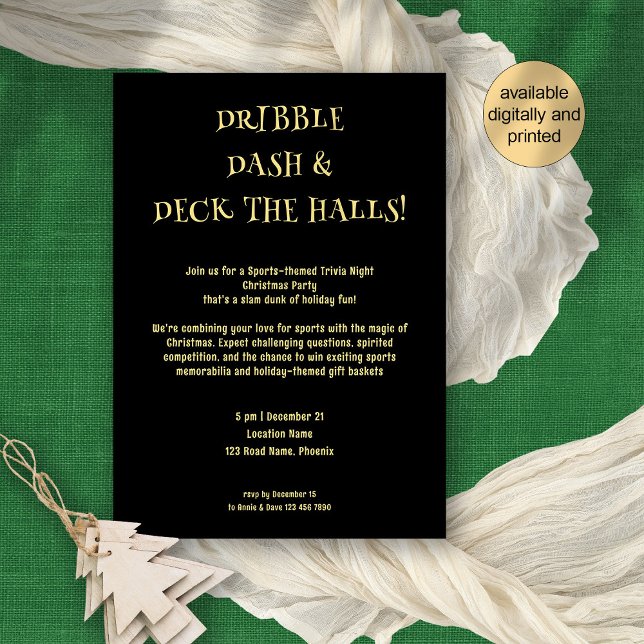 Convites Tema do esporte Festa Dourada de Natal Preta (Available digitally or printed for your festive sports trivia quiz night or edit as desired!)