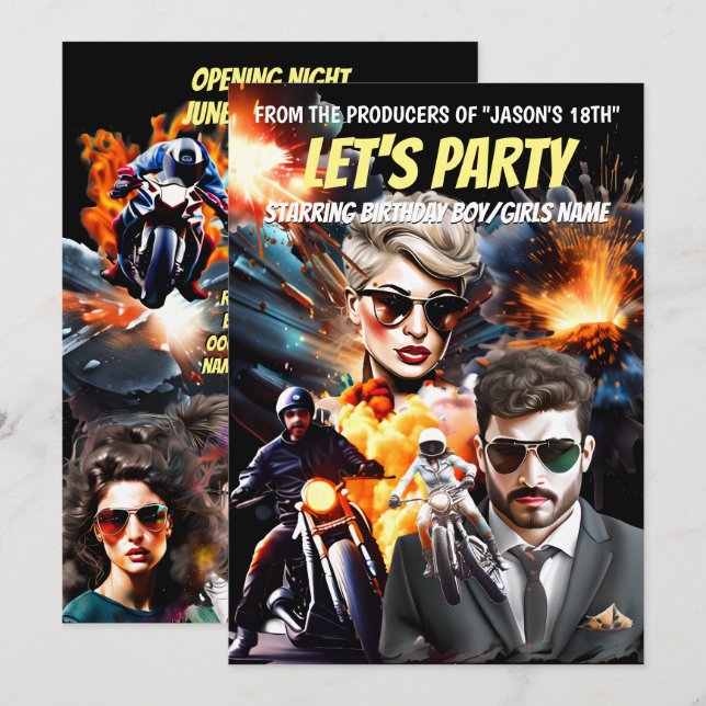 Convites Tema do filme vilões heróis ação aventura (Frente/Verso)