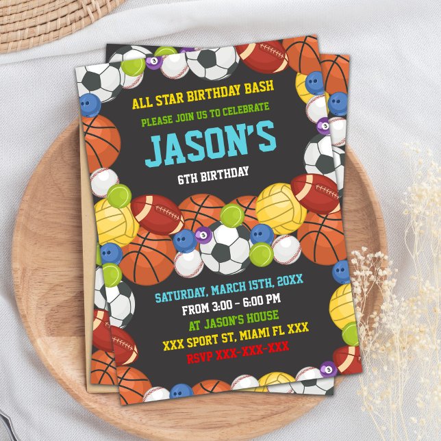 Convites Tema do grupo All-Star (Sports Party Birthday Invitations)