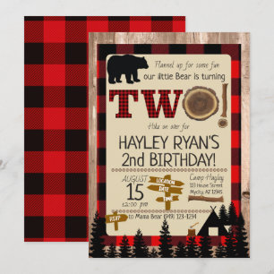 Convites Tema do Urso Flanel de Um segundo aniversário Selv