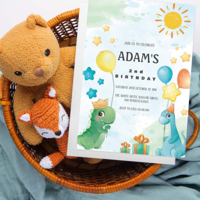 Convites Tema dos Dinossauros da Aquarela do segundo aniver (Criador carregado)
