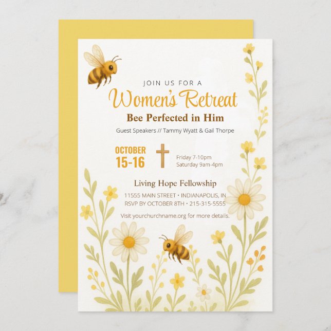 Convites Tema Dourado da Igreja Floral das Mulheres Retirad (Frente/Verso)