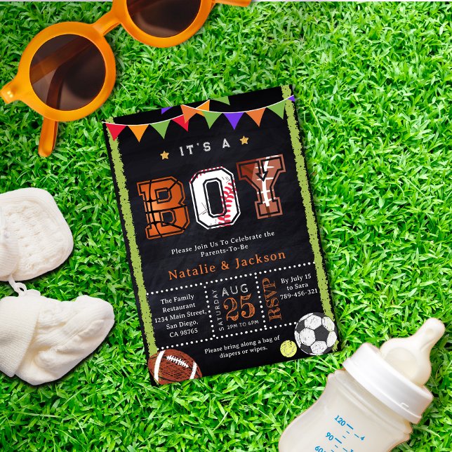 Convites Tema Esportivo Chamado de Chá Baby Boy (Sport Theme Chalkboard Baby Boy Shower Invitation)