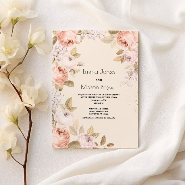 Convites Tema floral de marfim rosa-rosa-boho-roxo (Rustic boho pink coral ivory floral theme Wedding )