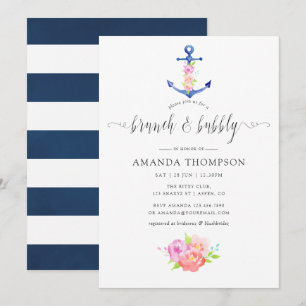 Convites Tema Floral Náutico em Aquarela Brunch e Espumante