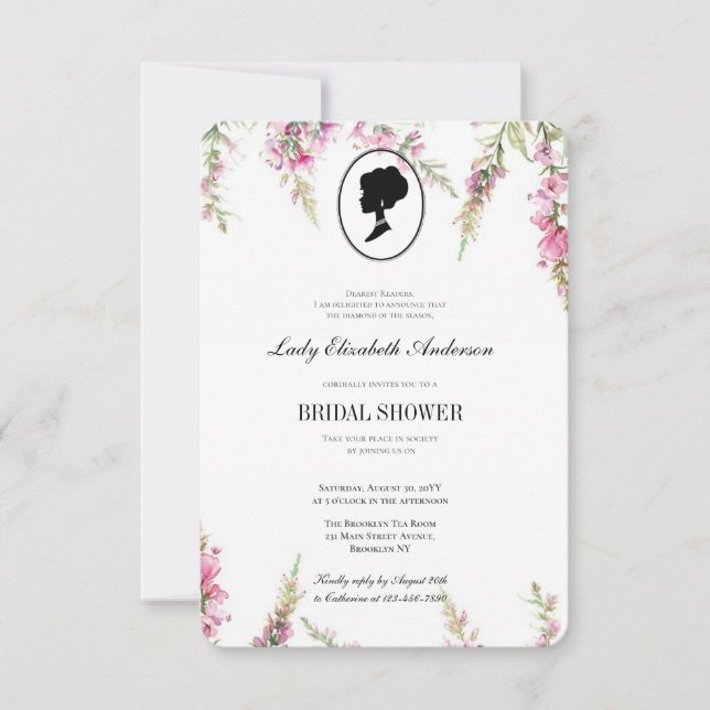 Convites Tema floral rosa de Bridgerton, chá de noiva Regen (Frente)