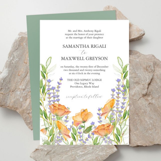Convites Tema Formal de Casamento de Flores Selvagens Water (Fairytale wedding invitations package features watercolor orange and lavender florals)