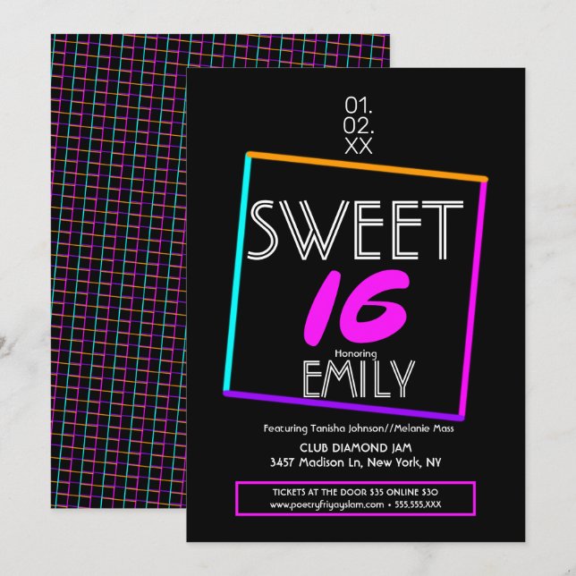 Convites Tema Geométrico Neon do Clube de Flyer Sweet 16 (Frente/Verso)