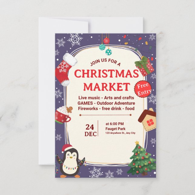 Convites Tema Ilustrado Festivo de Feira de Natal Fofo (Frente)