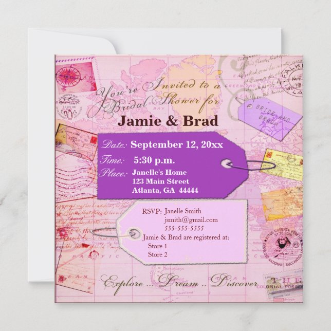 Convites Tema nupcial do chá do viagem no rosa e no roxo (Frente)