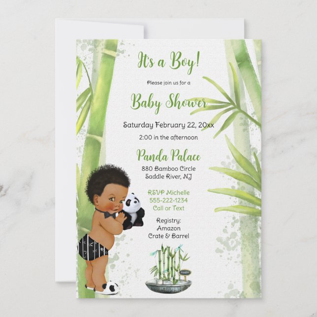 Convites Tema Panda Bambu Bebê Menino Preto Branco Verde (Frente)