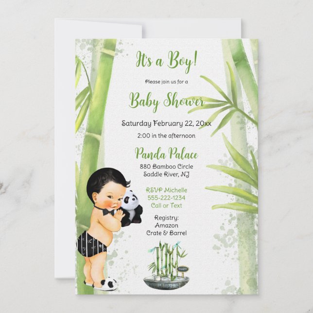 Convites Tema Panda Bambu Bebê Menino Preto Branco Verde (Frente)