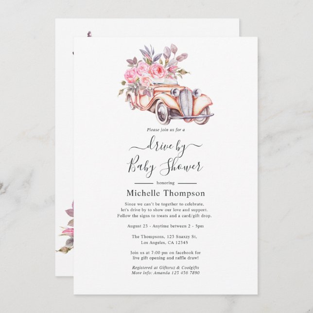 Convites Tema Paris, Cor Floral Rosa, Por Chá (Frente/Verso)