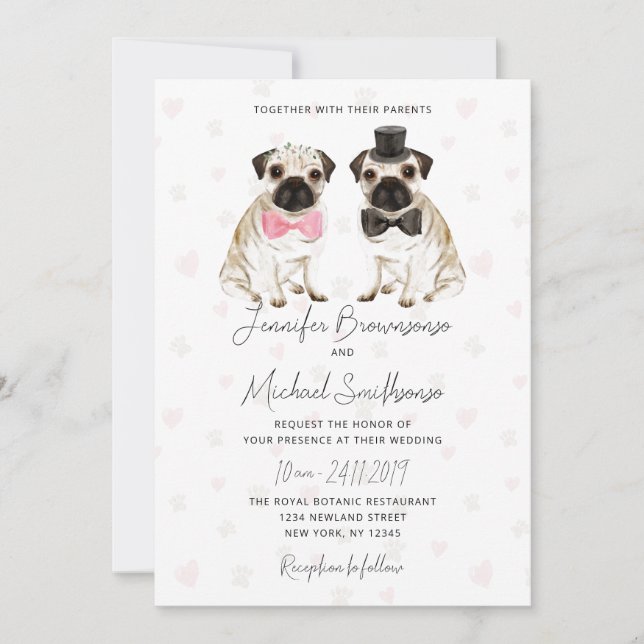 Convites tema pug pata coração cachorro casamento (Frente)