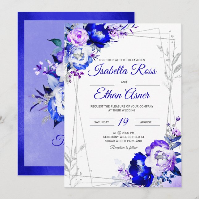 Convites Tema Real de Casamento Azul e Roxo (Frente/Verso)
