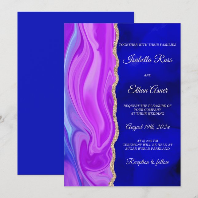 Convites Tema Real de Casamento Azul e Roxo (Frente/Verso)