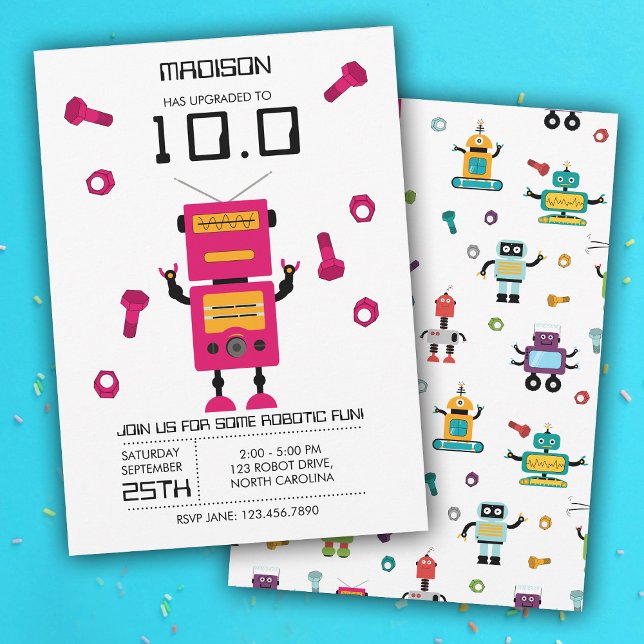 Convites Tema rochoso rosa-bonito Crianças robôs Festa de a (Cute Pink Robot Theme Kids Robots Birthday Party Invitation)
