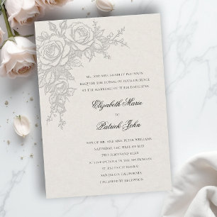 Convites Tema Rosa Atemporal Formal Clássico Casamento Ecru