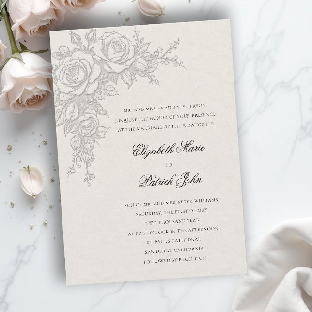 Convites Tema Rosa Atemporal Formal Clássico Casamento Ecru (formal traditional wedding invitation roses theme floral modern classic luxury ecru neutral cream)