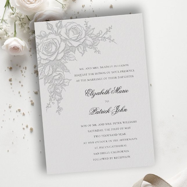 Convites Tema Rosa Atemporal Marfim Casamento Formal Clássi (formal traditional wedding invitation roses theme floral modern classic luxury ivory neutral cream)