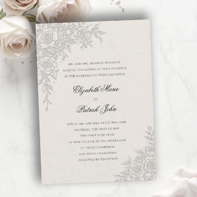 Convites Tema Rosa Gracioso Formal Clássico Casamento Ecru (formal traditional wedding invitation roses theme floral frame modern classic luxury pure ecru)