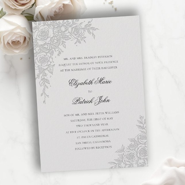 Convites Tema Rosa Gracioso Marfim Formal Clássico Casament (formal traditional wedding invitation roses theme floral frame modern classic luxury pure ivory)