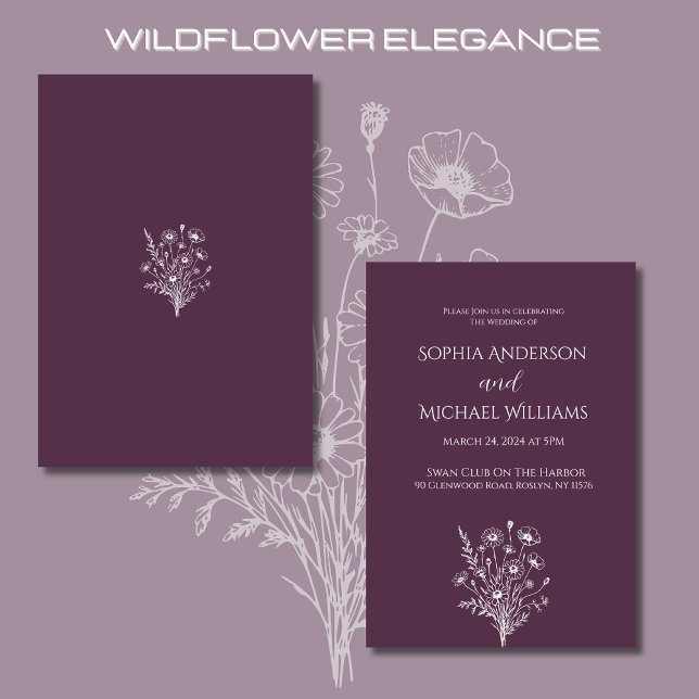 Convites Tema Roxo de Casamento de Flores Selvagens - (Wildflower Elegance Wedding Invitations Purple-Rustic, Bohemian, Country)