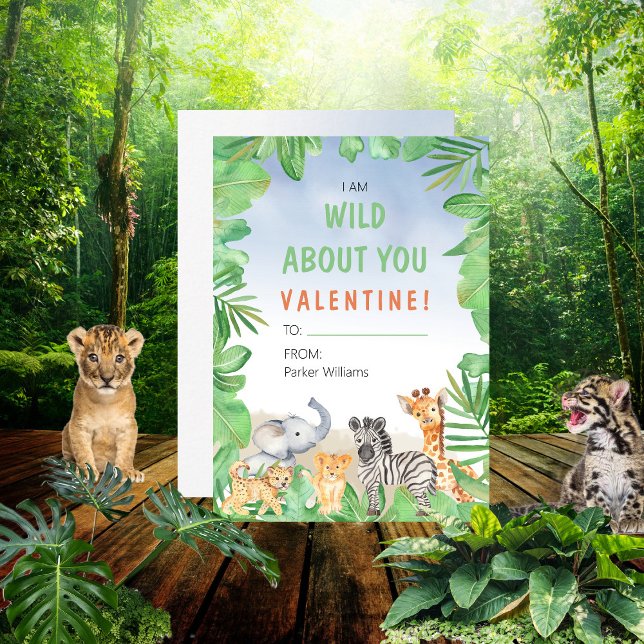 Convites Tema Safari Eu Sou Selvagem Sobre Você Dia de os n ("I Am Wild About You Valentine!" Kid's Valentine's Day Classroom Card)